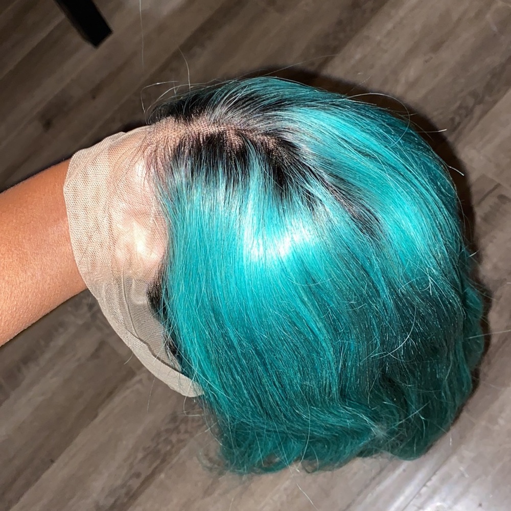 NWT 180% Density Human Hair Teal Blue Lace Front Wig With Black Roots - Picture 4 of 6